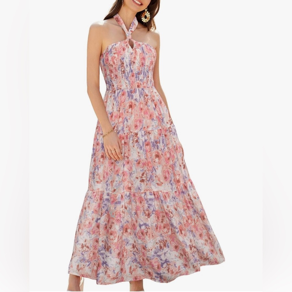 NWT PINK FLORAL HALTER MIDI DRESS-S